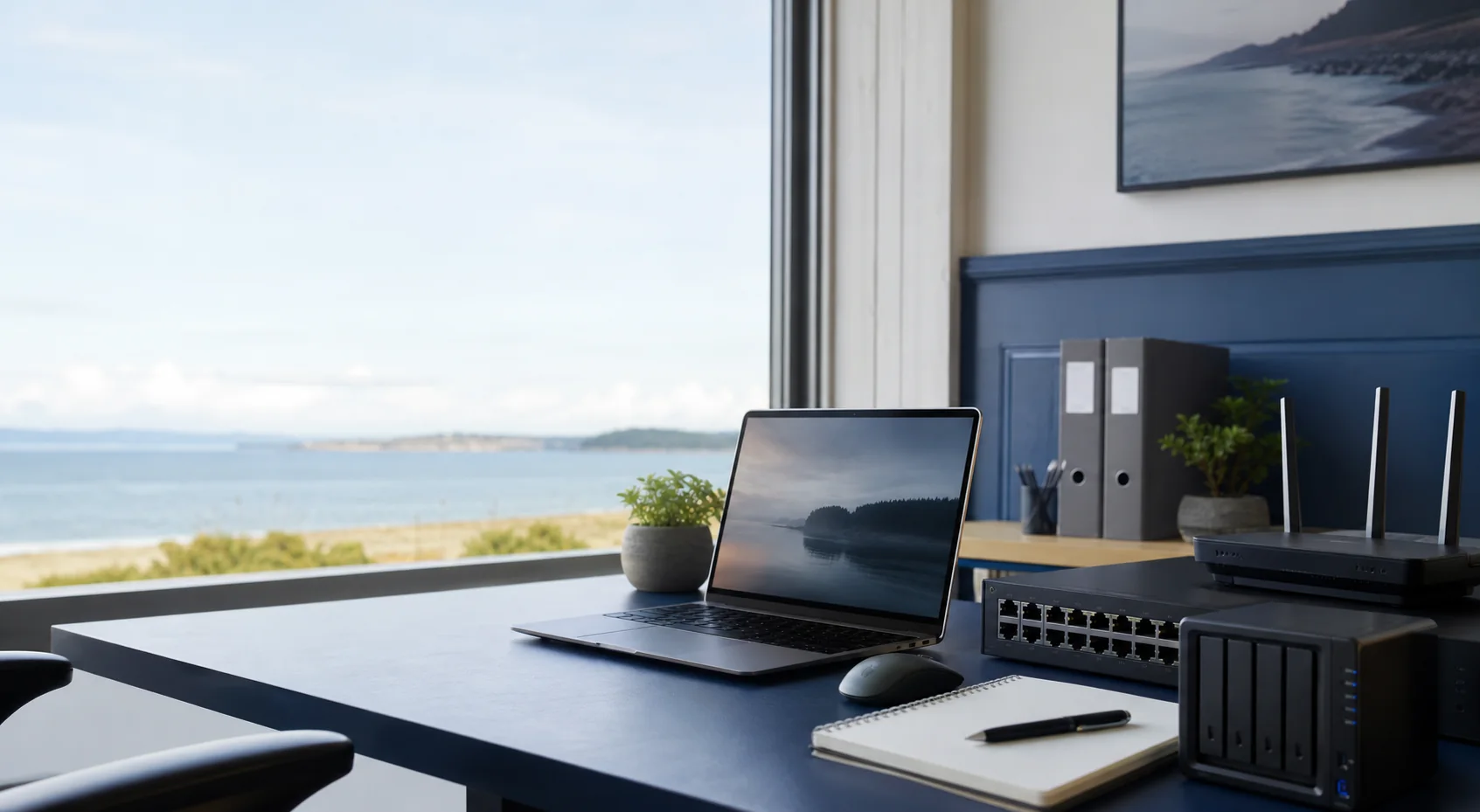 Business IT equipment on a small office desk near a coastal window